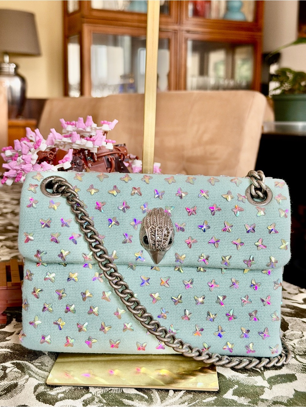 Kurt Geiger Mini Kensington Mint Green Fabric Butterfly Crystals Like